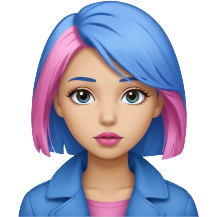 Make a girl with medium dirty blonde hair with an under coat of blue hair, add pink soft lips, lashes and  a tan skin tone emoji