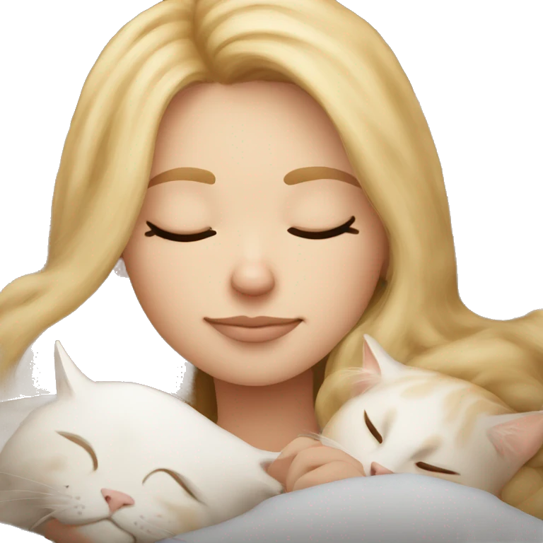 Pretty blonde girl sleeping with her beige main coon cat on pillow emoji