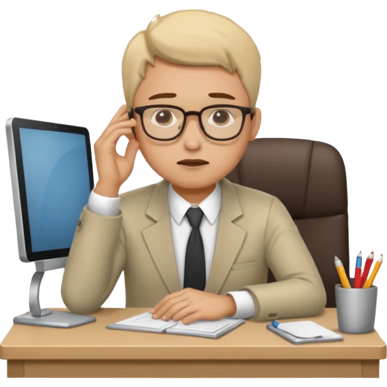man sitting at his workplace, working hard, very tired, focused face emoji