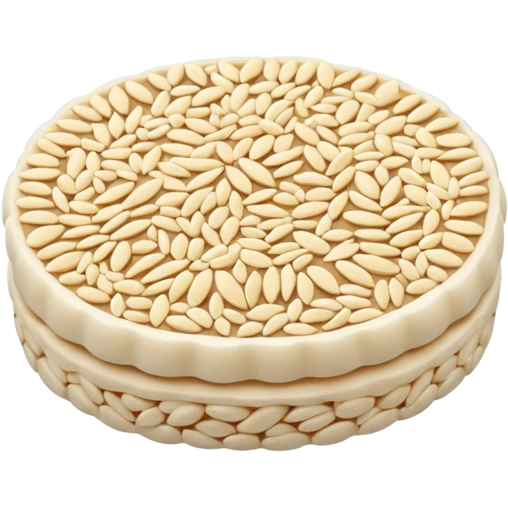 A round puffed rice cake, flat disc shape, light beige/off-white color, bumpy textured surface showing compressed puffed rice grains, crispy appearance, simple flat design, centered on transparent background. emoji