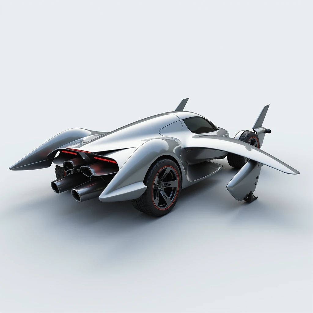 rear angle view of a highly aerodynamic, streamlined flying car with a metallic photorealistic finish, two wings on top, two on the sides, propellers on all wings, visible wheels, smooth flowing design, inspired by high-speed electric vehicles and aircraft emoji