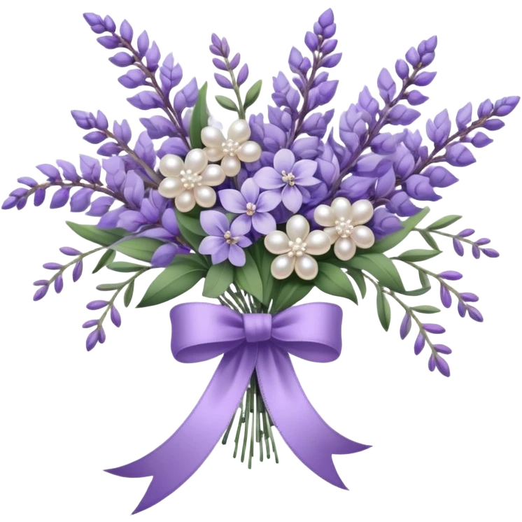 A cascading bouquet of lavender, blending soft lilac, dusky violet, and deep amethyst hues, is wrapped in delicate pearl-colored lace, tied with a silky wisteria ribbon. The stems, slightly uneven and wild, spill gently over the edge of an antique silver tray, where a few loose buds rest, their fragrance mingling with the faint scent of aged paper and timeworn fabric.
 emoji