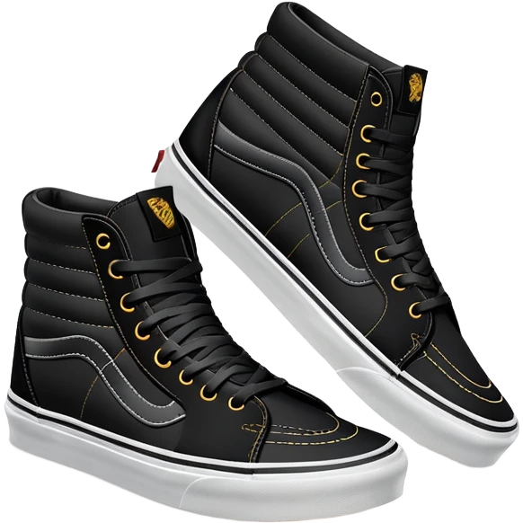 Ultra simplified pair of black Vans Sk8-Hi shoes in iOS emoji style, one positioned behind the other, flat colors, minimal design, essential details only emoji