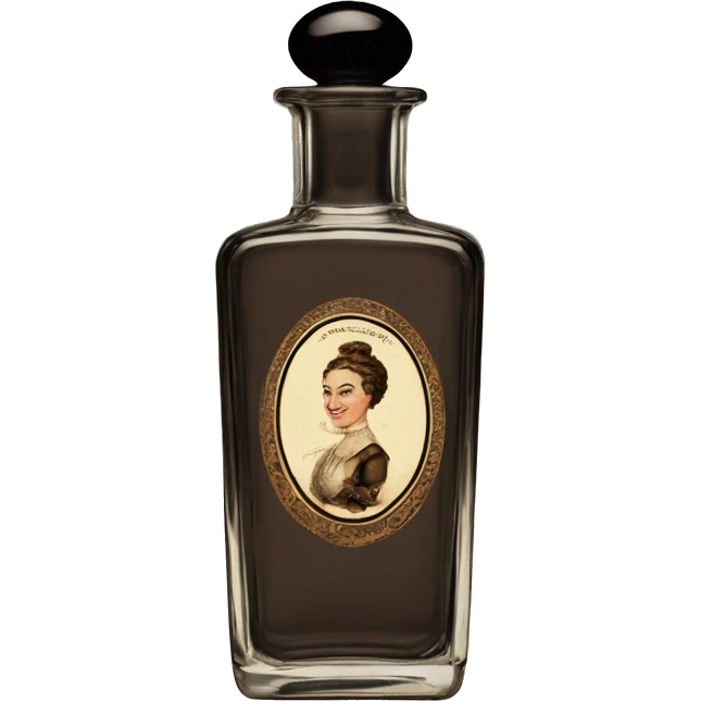 English vintage glass perfume bottle from my aristocratic grandmother, exquisite bottle shape, old and shabby, with label, stylish and minimalistic, black and brown emoji