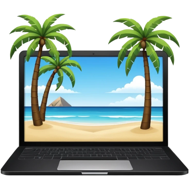  An open laptop on the beach. bildschirm ist schwarz und im hintergrund sind palmen, meer emoji