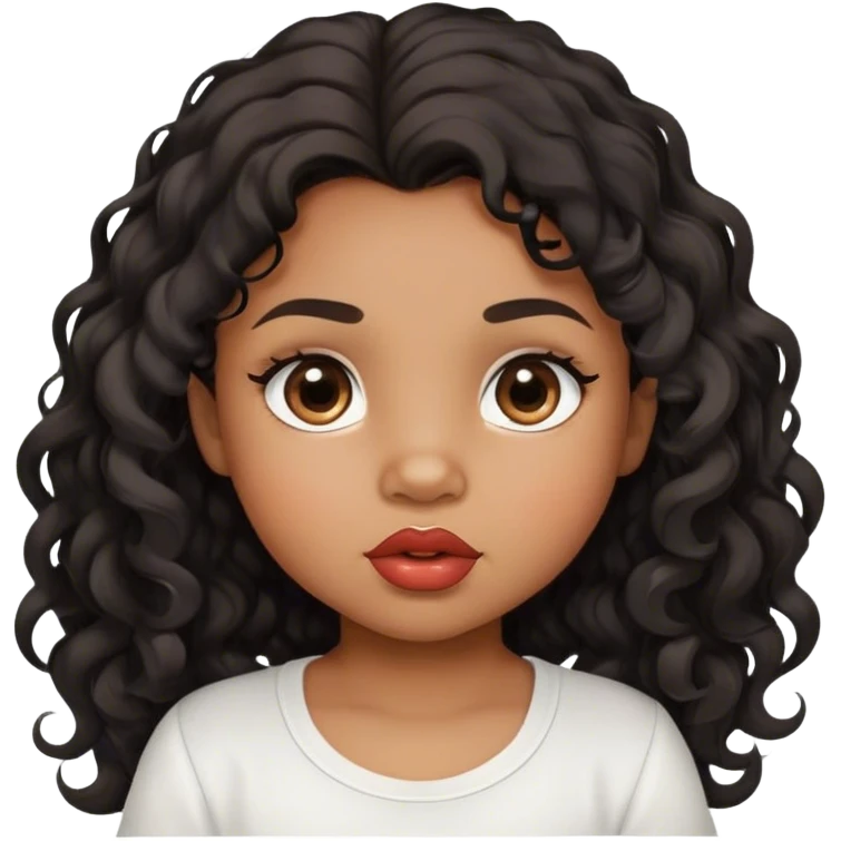medium brown skin tone, very adorable toddler, with big plump lips, long long lashes, black curly long hair, brown eyes, white shirt emoji