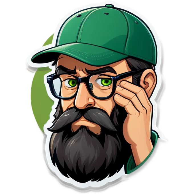 A man with a grey baseball cap, green eyes, big dark brown beard and glasses, facepalm emoji