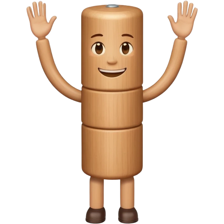 A wooden cylinder with a  face with arms and legs  emoji