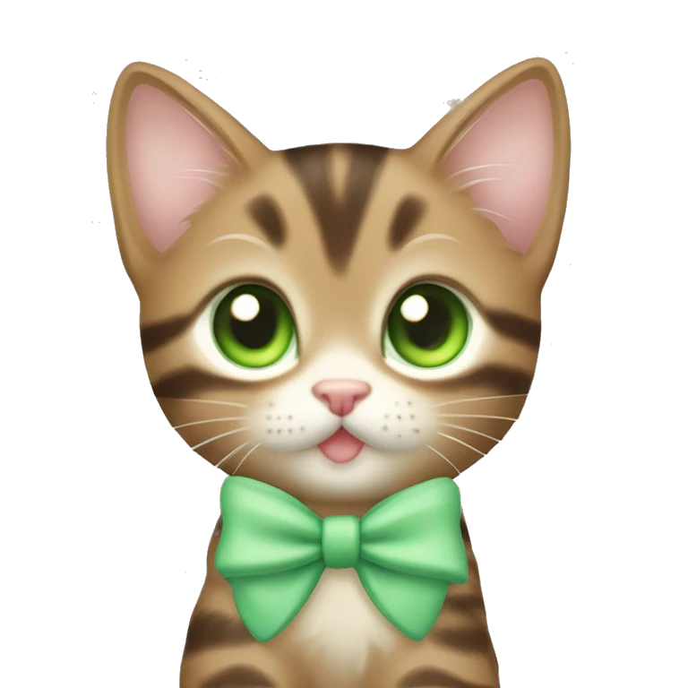 kawaii brown tabby kitten with green eyes and pastel green bow on head emoji