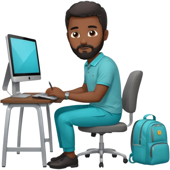 man with black short male hair and black hair and beard and hes in a office with his grey backpack on the floor and he has a tourquose polo shrit with gre dress pants and hes working at a hotel  hes on the co,ptuer  at his desk and he inly has one backpack its on the floo  WITH GREY PANTS emoji