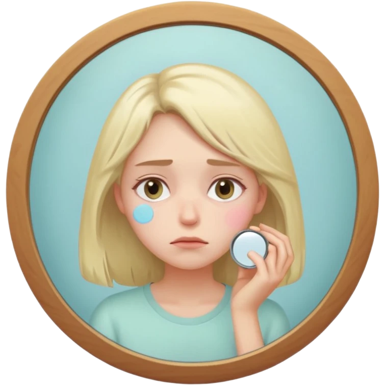 thoughtful tired woman looking in the mirror, gentle pastel tones, soft lighting, emoji style, symbolizes fatigue not ageing без кружка  emoji
