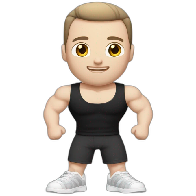 Pale skinned Fit Man With the biceps and dark brown hair in black shirt, gray sports shorts and white Sneakers emoji