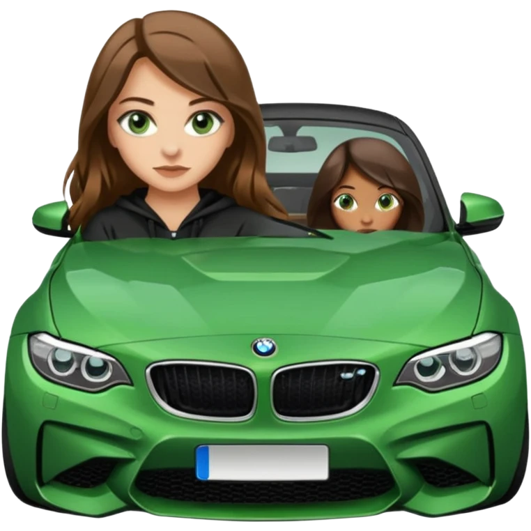 Beautiful Caucasian girl with green eyes and long brown hair realistic girl straddling sitting on the hood of BMW M2 car emoji