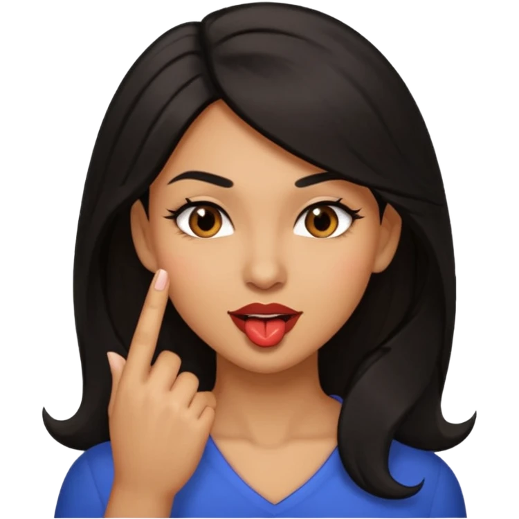 black slighty browin hair light brown skin woman, flirtatious gesture, biting her finger and winking emoji she also has tall hair and brown eyes emoji