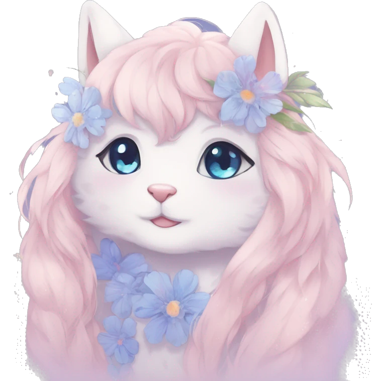 Anthro Cute Cool Blushing Pastel Innocent Shy Kawaii gorgeous sparkly ethereal fantasy anime animal creature with blue eyes furry sona with flowers and ribbons beautiful aesthetic emoji