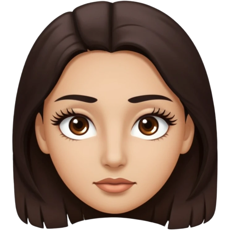 Rostro de forma ovalada con facciones delicadas. Ojos grandes y expresivos de color café oscuro, con pestañas largas y definidas. Cejas oscuras, pobladas y bien formadas color de piel trigeña y cabello largo emoji