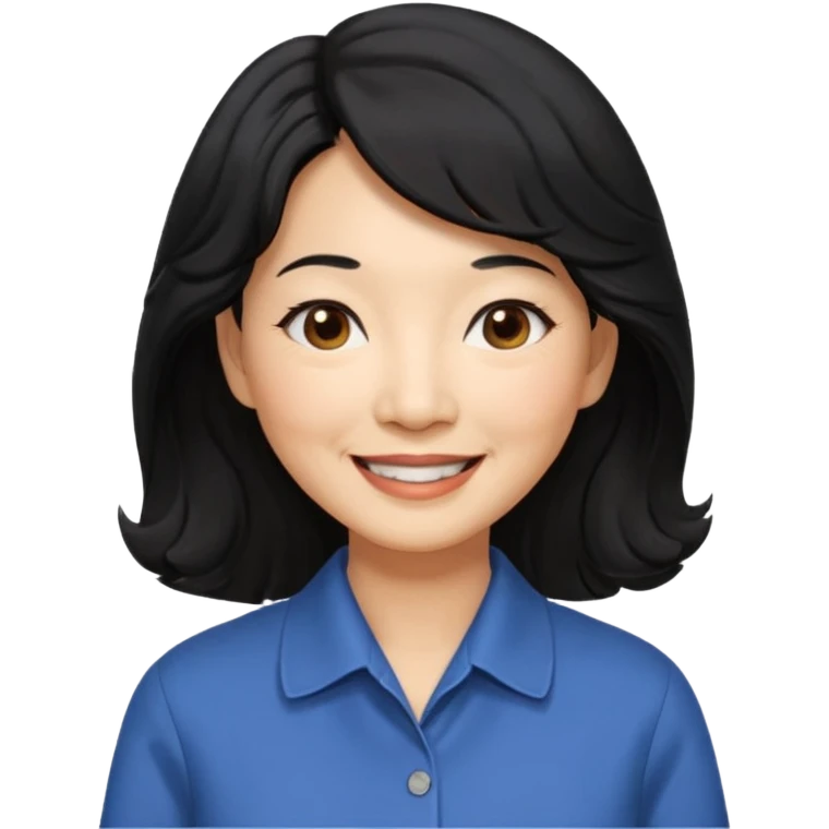 60 yr old asian woman, wavy thick black hair past shoulder length, side part, side swept bang, big smile, collared shirt, long hair emoji