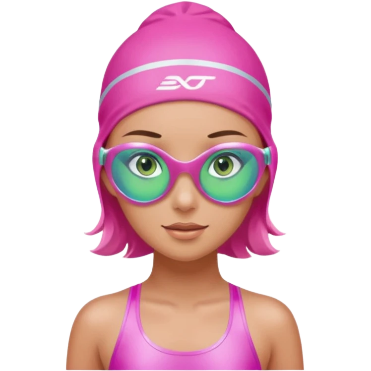 pretty girl with green eyes pink swim cap holographic swimming glasses and cute profesional swimmer pink swimsuit without her hair visible emoji