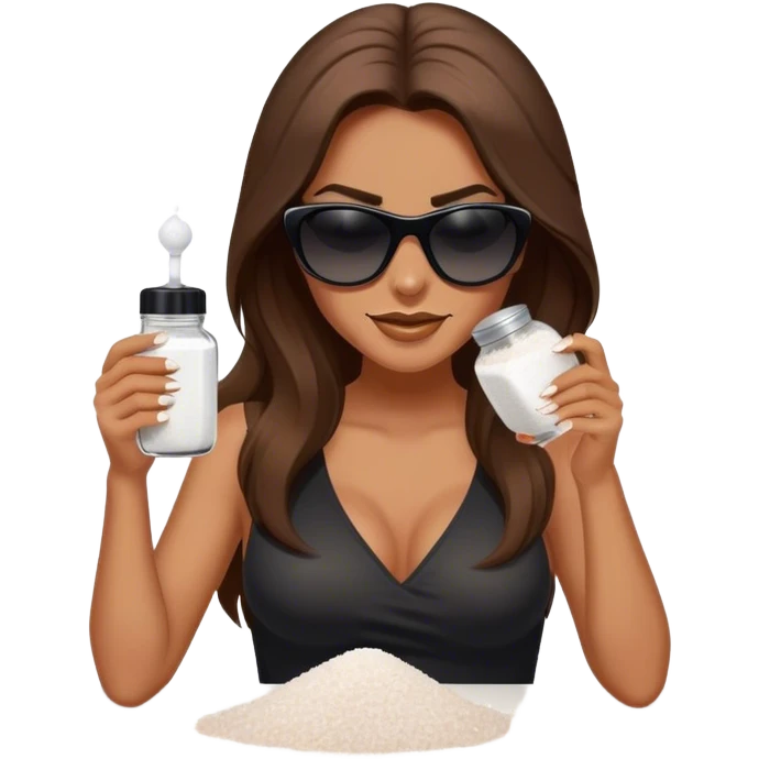 sassy woman with long brown hair, tan skin, and dark sunglasses holding a salt shaker filled with white table salt. She is sprinkling the salt out from the shaker with a smirking expression, not smiling emoji