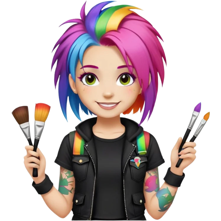artist-girl with rainbow hair and brushes in black punk-clothing smiling emoji