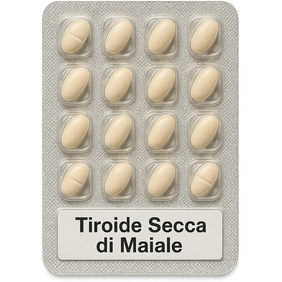 transparent blister pack with beige oval tablets, label visible with 'Tiroide Secca di Maiale', isolated on white, clinical style, hyperrealistic 4K details emoji