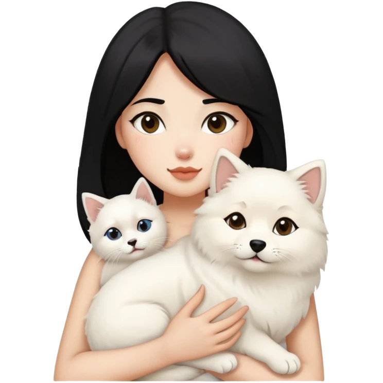 a girl with black hair holding her samoyed and her fluffy siamese cat emoji