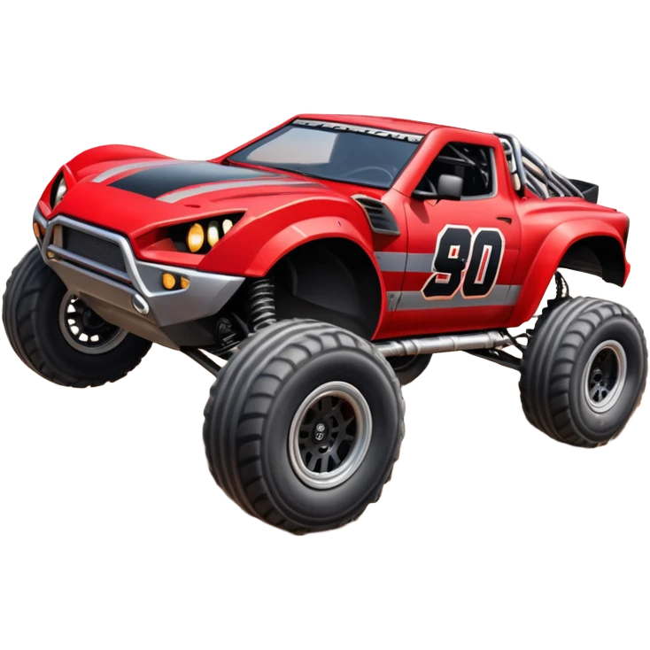 Satan’s (post race) cabaret wide-body Dirty and dented Local Motors Rally Fighter off road race car hot rod trophy truck-style flying turning a tight corner (silver wheels) emoji