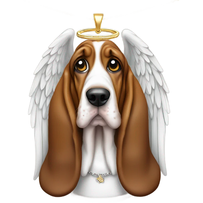 Elderly Basset hound with angel wings, wearing a large letter D bling necklace sat in a meadow  emoji