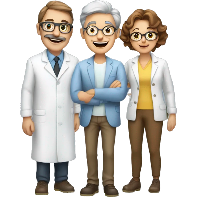 3 chemists an older fun lady, a younger smiley brown haired woman and a younger guy emoji