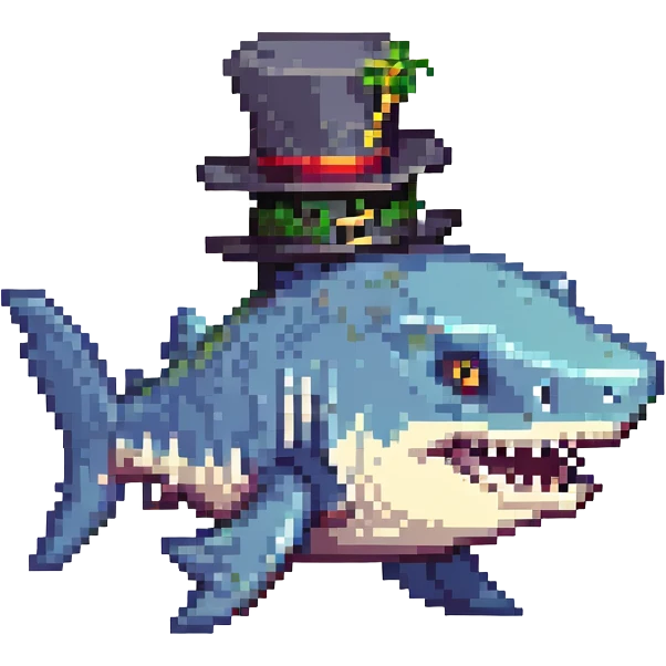 pixel art shark wearing a tophat emoji