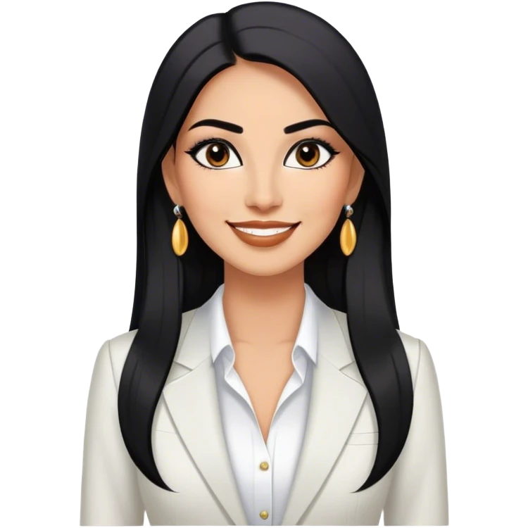 beautiful fit tall woman boss, with long straight black hair, with make up, black eye liner, smile, mexican, brown skin, wearing beautiful profesional outfit and white earings emoji