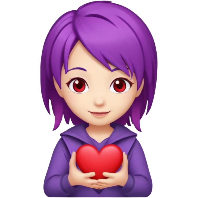 A chibi cartoon with purple hair red eyes holding a heart emoji