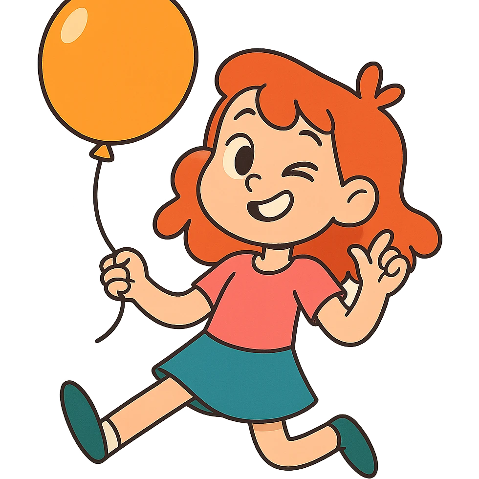 red-haired girl in a playful pose, winking and holding a balloon emoji