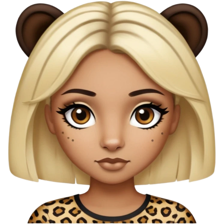Brown girl person with dark hair and dark eyes, with eyeliner and lashes, and one blonde stripe in the front of the hair, wearing a leopard top  emoji