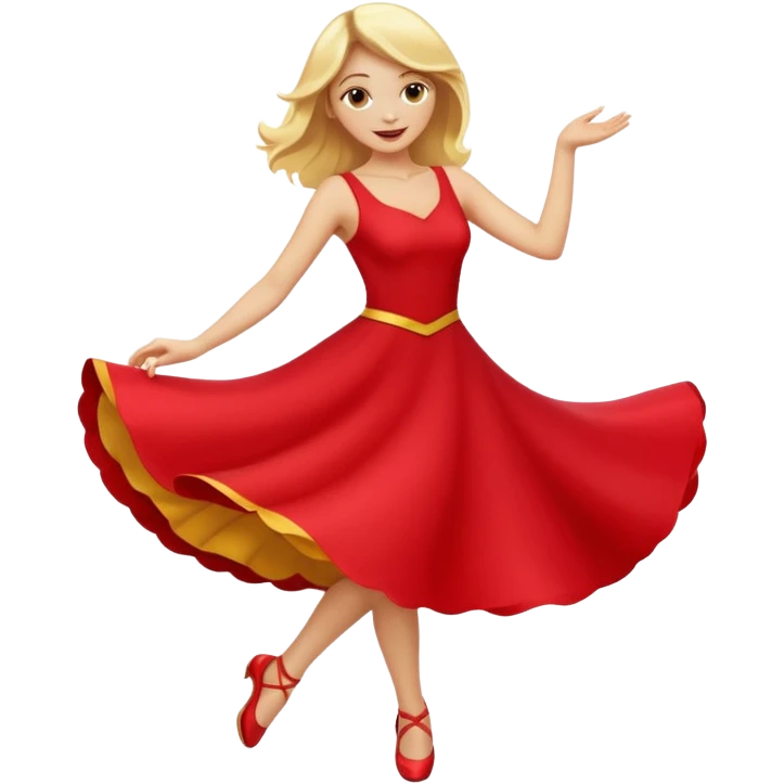 a yellow-blonde woman dancing wearing a red dress, in flat emoji / Apple style, smooth shapes, glossy highlights, bright saturated colors, simple features, minimal details, no outlines, red clothes flowing, joyful pose
 emoji