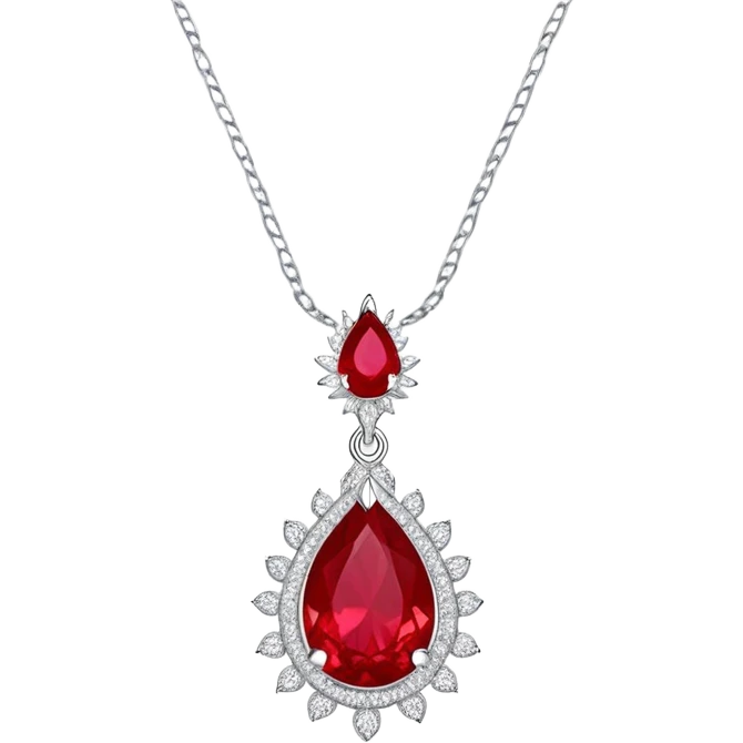 teardrop ruby pendant with fiery light, tiny phoenix feather, haloed by shimmering white stones, silver chain, symbolizing rebirth emoji