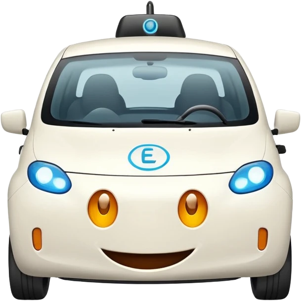 Smiling EV car with circle eyes, EV charger on the right, cheerful emoji style emoji