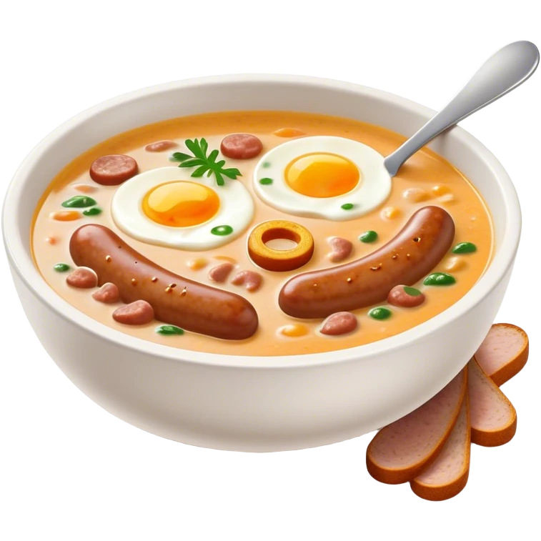 Cinematic Realistic ≈ªurek Soup Dish Emoji, depicted as a tangy, creamy rye soup with sausage and egg rendered with detailed textures and warm, comforting lighting. emoji