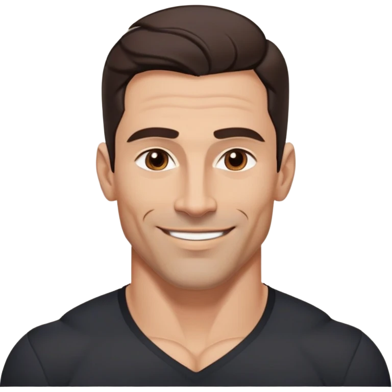 Very fit muscular 40-year-old with youthful looks, light brown skin, elongated face, strong defined jawline, charming confident smile, medium dark eyes, arched eyebrows, straight nose, buff physique, medium wavy dark hair, wearing a slightly tight black button-up shirt emoji