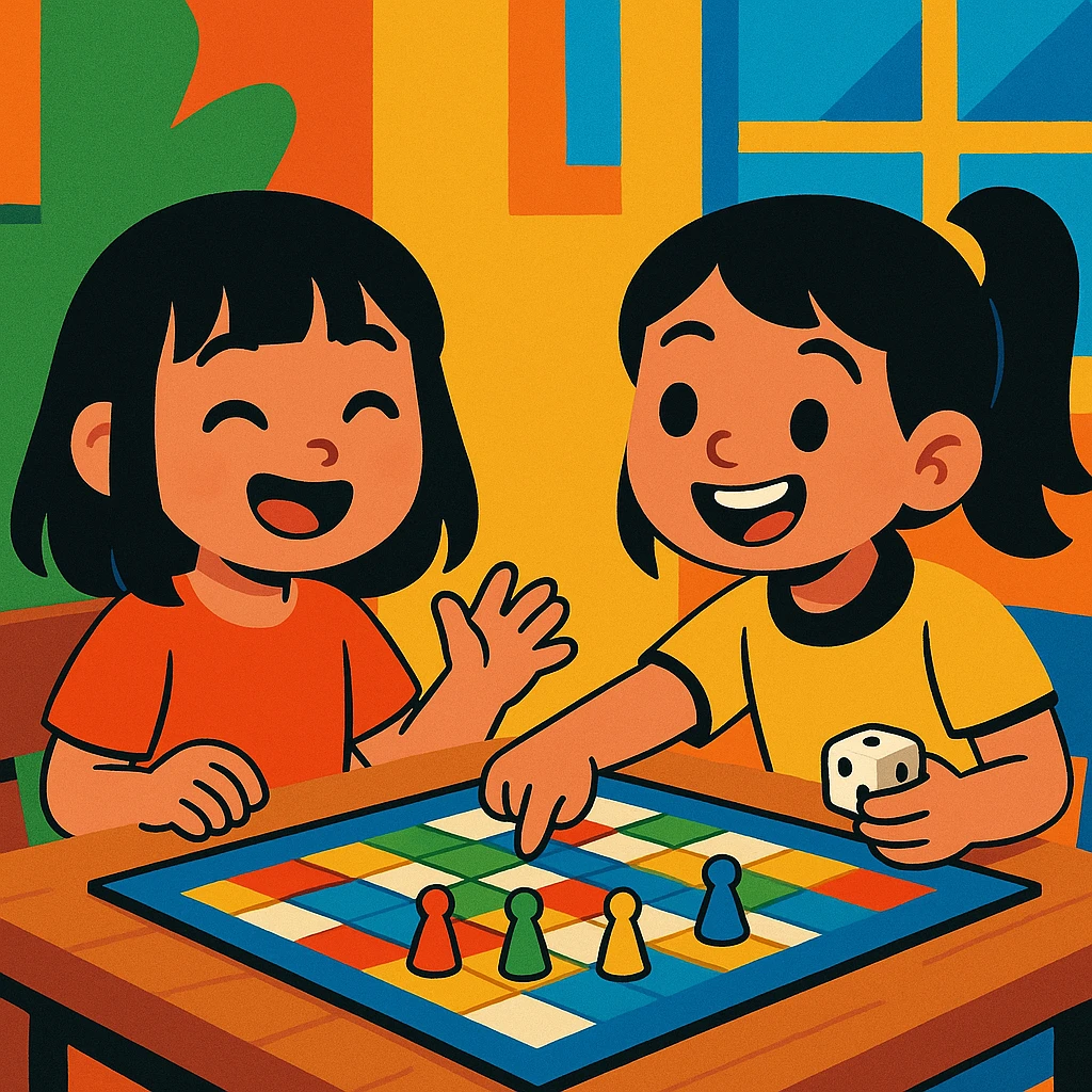 asian girl playing a boardgame with her friend, cheerful, vibrant, cartoon style emoji