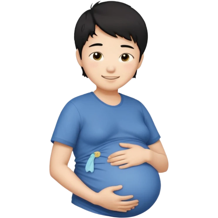 pregnant asian boy with short messy black hair holding his belly embracing his pregnancy emoji