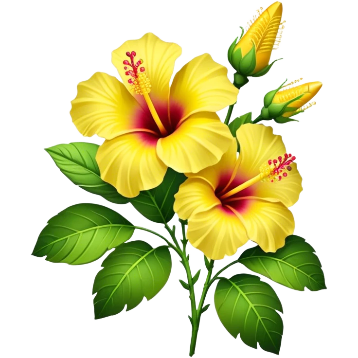 bouquet yellow Hawaiian hibiscus, luxuriant, stem, leaf, bud emoji