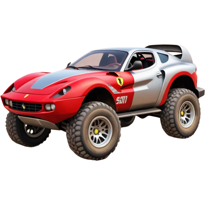 Satan’s and Barbie (post race) Ferrari -colored Dirty and dented Local Motors Rally Fighter off road race car hot rod trophy truck-style basher flying on a dusty road (silver wheels) emoji