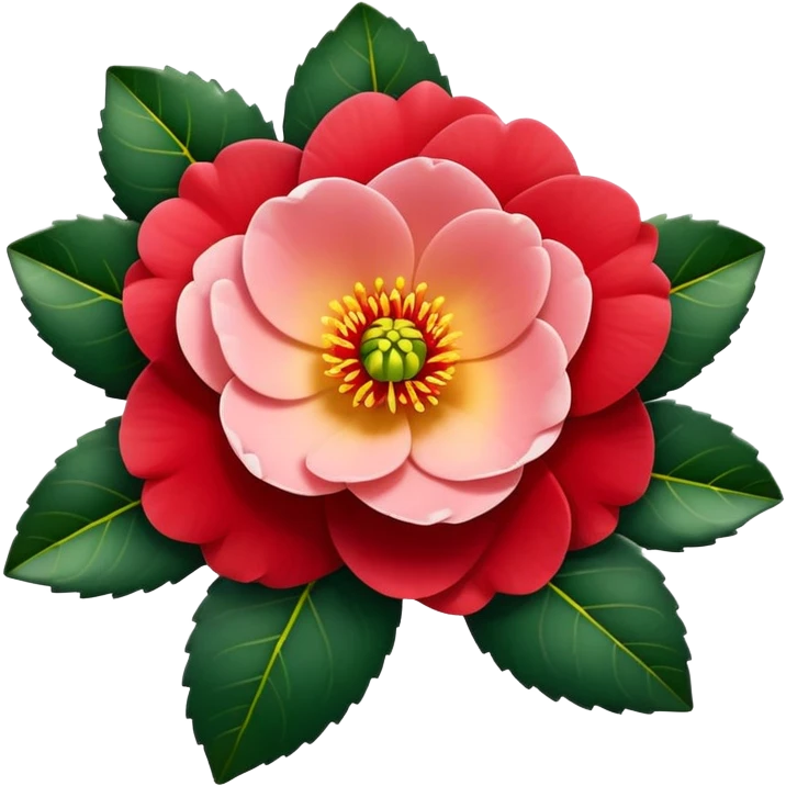 Classic camellia flower with perfectly arranged overlapping red petals, distinctive yellow stamens in center, and serrated glossy dark green leaves emoji