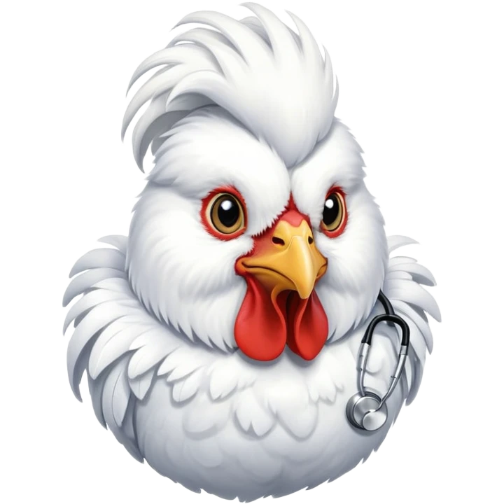 A very fluffy White Silkie Bantam rooster wearing a doctor's stethoscope.  emoji