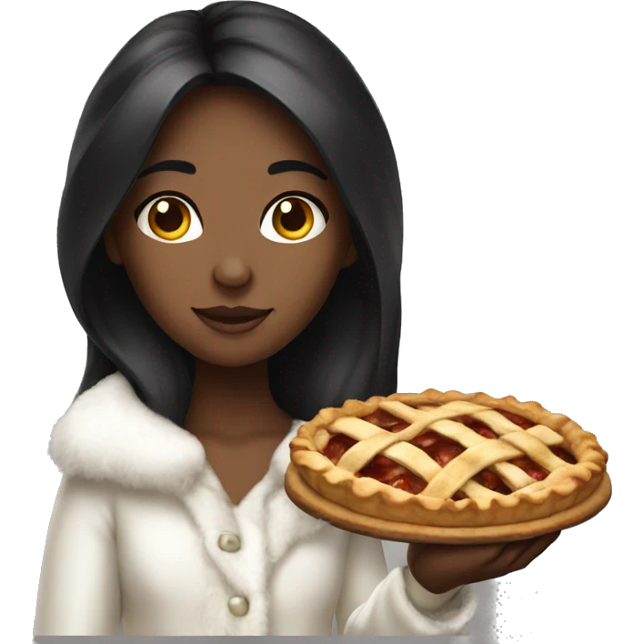 A girl wearing a white fur coat holding an apple pie in her hand with black long hair  emoji