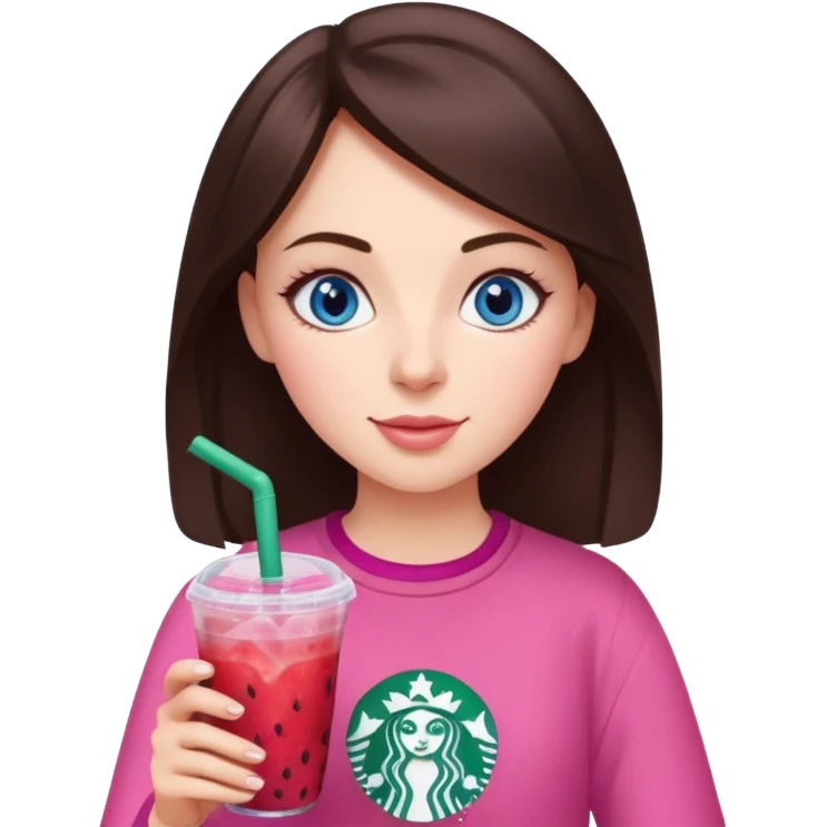 make an emoji of a brunette blue eye girl wearing pink drinking a strawberry acai refresher from starbucks emoji