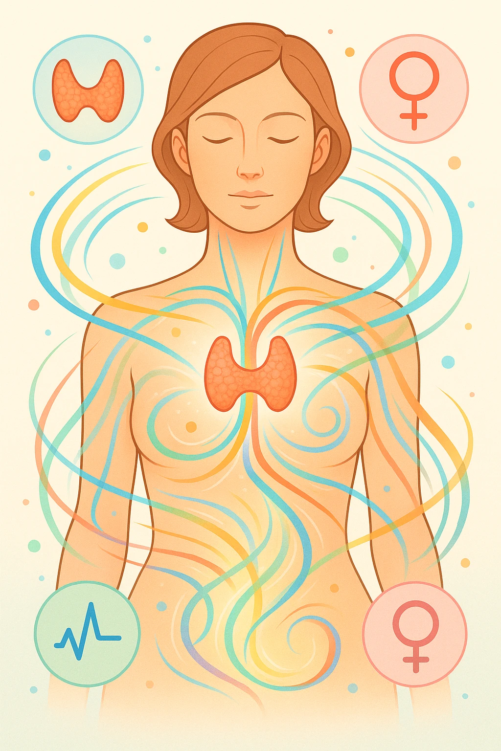 Il corpo è circondato da simboli delicati e bilanciati che rappresentano equilibrio ormonale e metabolico: piccoli cerchi, flussi energetici colorati, simboli stilizzati di tiroide, picco insulina, estrogeni. 4k immagine emoji