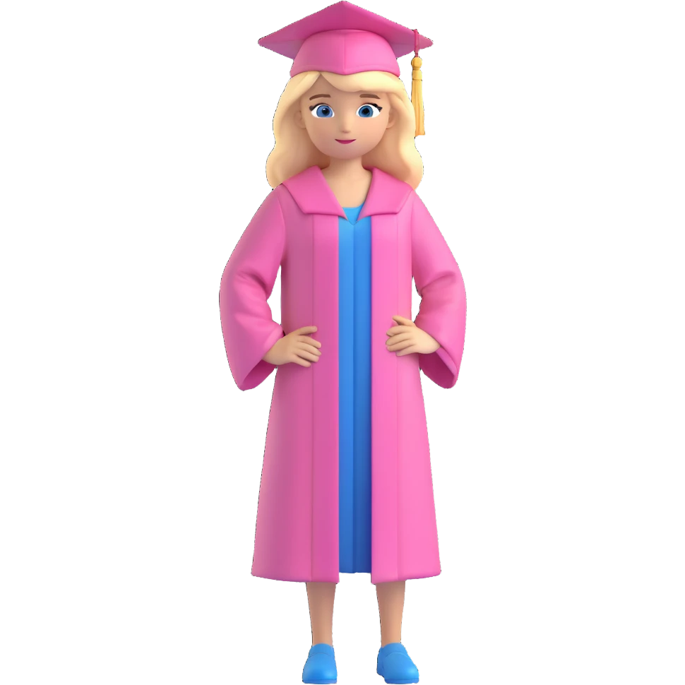 blonde hair, blue eyes, girl in pink grad cap and gown, standing, proud pose emoji