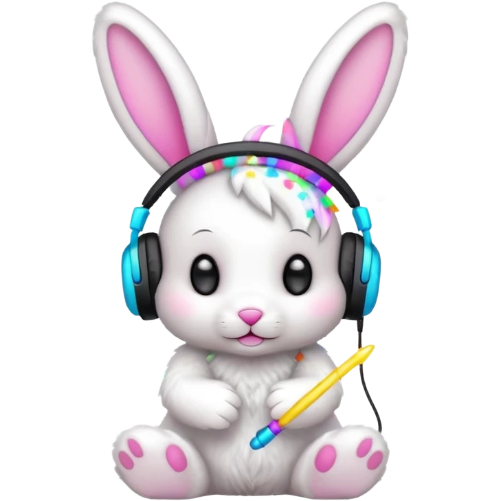 cute rave bunny wearing headphones, holding a glow wand, surrounded by confetti, festive mood emoji
